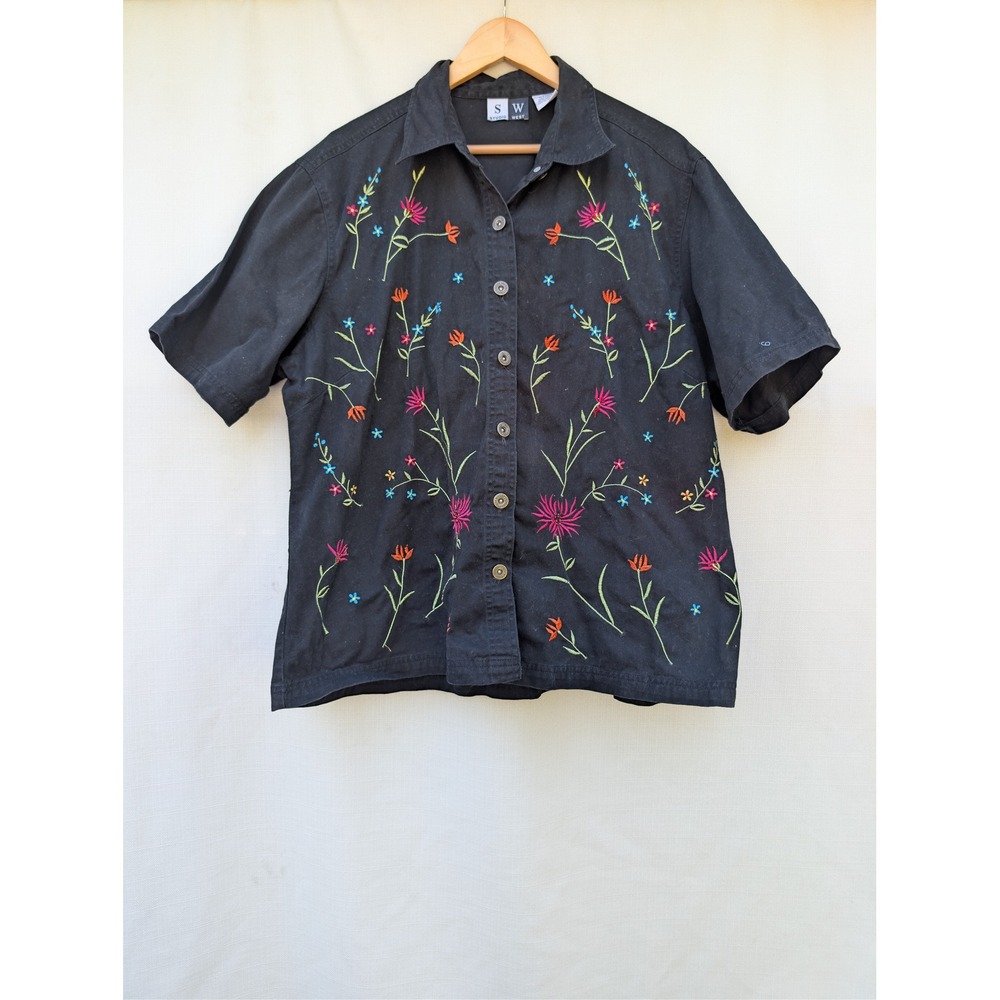 Studio West Cottagecore Embroidered Blouse 2X Black Wildflower Button Down